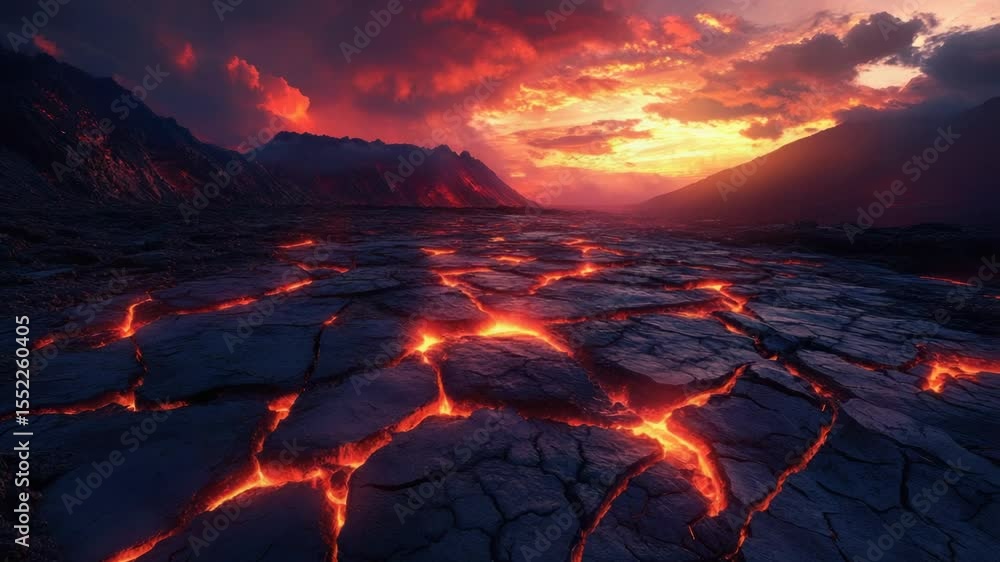 Poster a serene landscape of a lava field with a vibrant sunset in the background, ideal for use in travel 
