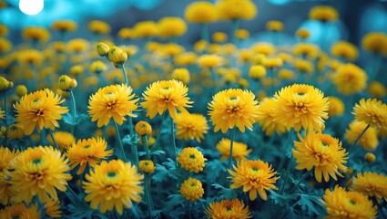 A selective focus shot of vibrant yellow chrysanthemums flowers in bloom with a blurred background