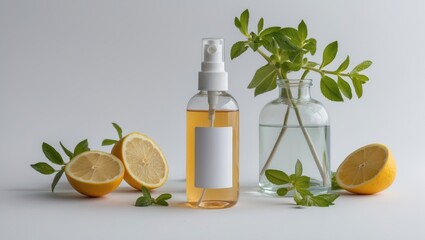300ml spray bottle in high resolution image and isolated in white with lemon and green leaves.