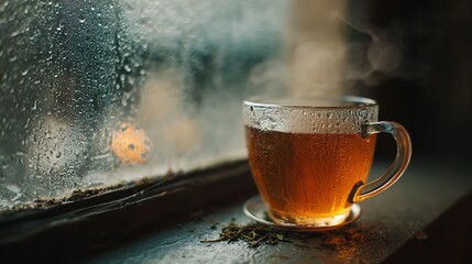 A warm cup of tea steaming beside a window on a rainy day