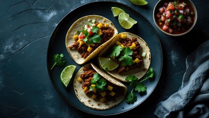 Top-down view of three tacos served with lime wedges, salsa, and cilantro on a dark plate.