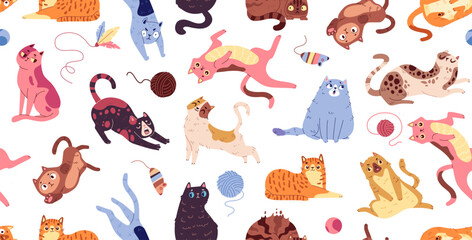 Obraz premium Cute doodle cats seamless pattern. Cats in various poses with toys, pet shop vet clinic print vector