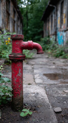 Fototapeta premium An old red water pump in a derelict urban alley