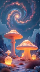 A surreal landscape where giant crystal mushrooms glow under a sky of swirling galaxies, creating a dreamlike atmosphere.