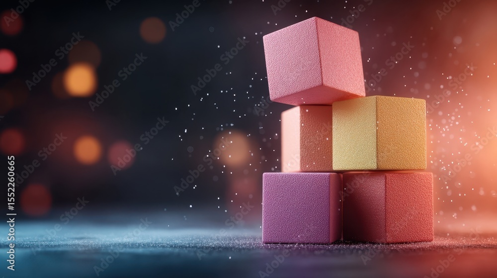 Poster an artistic arrangement of colorful building blocks stacked creatively on a surface, symbolizing chi