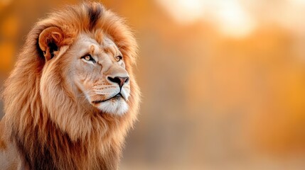 Fototapeta premium A stunning close-up of a majestic lion gazing thoughtfully to the side, set against a backdrop of autumn colors that enhance its regal presence and grace.