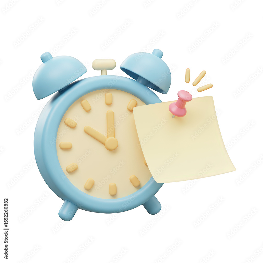 Poster a 3d render of a blue alarm clock with a yellow sticky note pinned to it, isolated on transparent ba