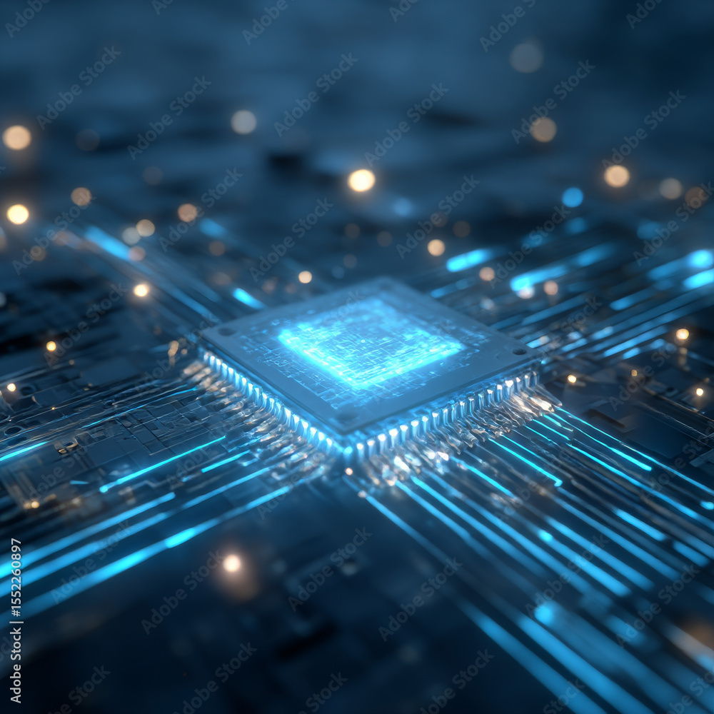 Fototapete abstract digital technology background. isometric ai chip with ai hologram with circuit tech bg. con
