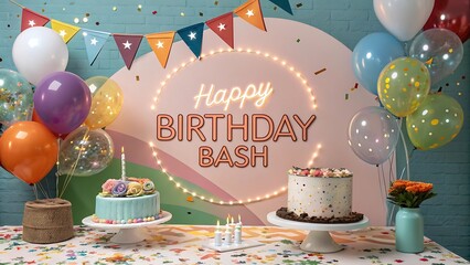 Birthday celebration poster with balloons, confetti, cake on table, and glowing 'Happy Birthday Bash' text area in center