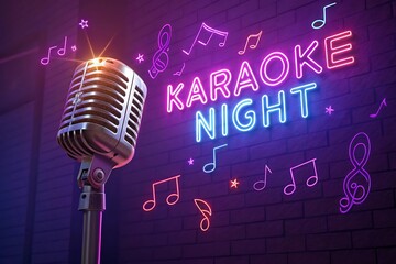 Karaoke night event poster with glowing mic, neon sign in background, vibrant purple and pink tones, music notes floating