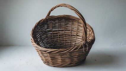 Empty wicker basket on white background with space for text.