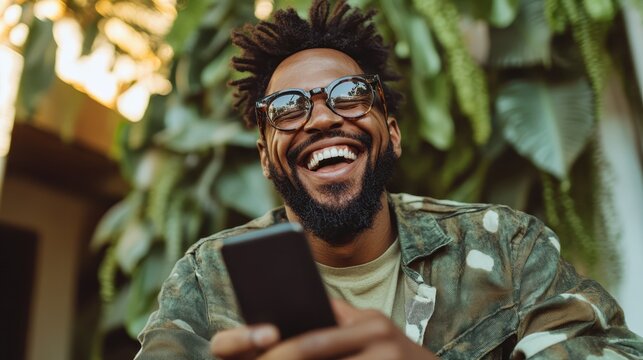 A cheerful young man with glasses enjoys his mobile device amidst a vibrant backdrop of lush green plants, radiating positivity and modern lifestyle vibes.