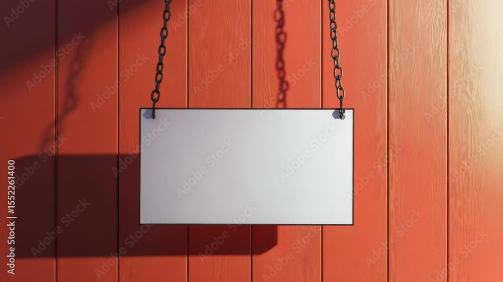 Poster A simple white sign hangs from a chain on a red brick wall, great for use in interior design or architecture concepts