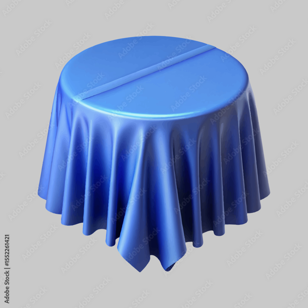 Poster a visually appealing blue circular table draped with shiny cloth over a dark background shows elegan