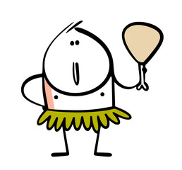 Cartoon wild man in a skirt made of plant leaves holds an animal bone. Vector illustration of an ogre, an aborigine on an island having lunch.