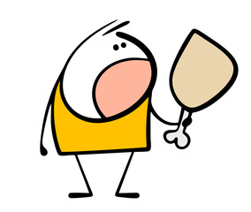 Cartoon character holds an animal bone and opens his mouth. Vector illustration of stickman biting and eating. Hungry man loves meat and food.