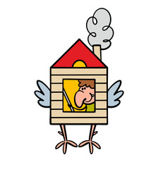 Fairy tale character is a witch in a wooden house. Vector illustration of Baba Yaga in a hut on chicken legs, a Russian monster from the forest. A dangerous ugly woman is conjuring and brewing potion.