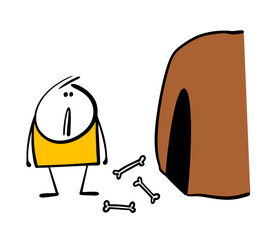 Frightened man stands in front of the cave and looks at the gnawed bones. Vector illustration of the dwelling of a wild beast or man-eater. The cartoon stickman is in danger and needs help.