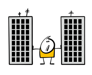 Disgruntled stickman stands between two skyscrapers, bracing his arms. Vector illustration, a man is cramped, a narrow city street.