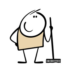 Cartoon satisfied stickman holds a mop and smiles. Vector illustration the cleaner did a good job, the floor in the house is clean.