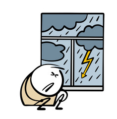Sad stickman was afraid of a terrible thunderstorm outside the window. Vector illustration of a child shrinking, trembling. strong wind, rain and lightning. The elements played out.
