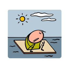 Cartoon lonely traveler sits on a raft in the middle of the ocean and suffers. Vector illustration of a shipwrecked man, victim of a disaster and a storm at sea. Hungry, thirsty.