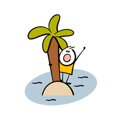 Funny cartoon stickman is holding onto a palm tree on a desert island in the middle of the ocean, screaming loudly, calling for help. Vector illustration of a man in trouble.