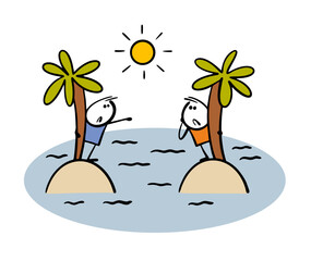 Funny cartoon stickman is holding onto a palm tree on a desert island in the middle of the ocean, screaming loudly, calling for help. Vector illustration of a man in trouble.