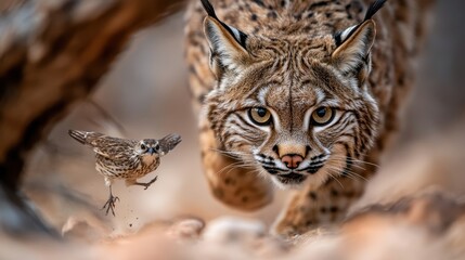 Obraz premium A captivating scene of a lynx in pursuit of a small bird, showcasing the predator-prey relationship in their natural environment, emphasizing wildlife dynamics and beauty.