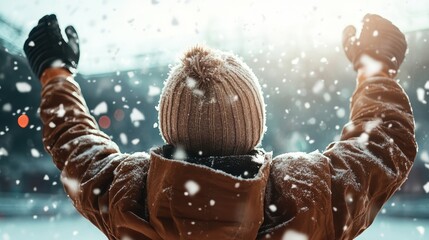 A joyful individual wearing a winter hat is seen from behind, celebrating with arms raised amidst a flurry of snowflakes, encapsulating the joy and wonder of wintertime activities.
