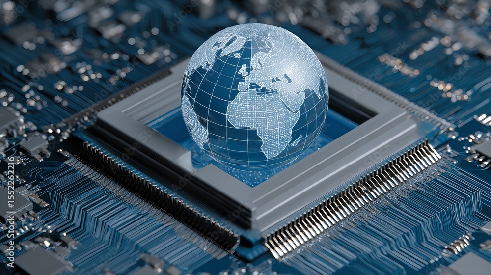 Aufkleber global network digital technology futuristic world map circuit board advanced processor innovation t