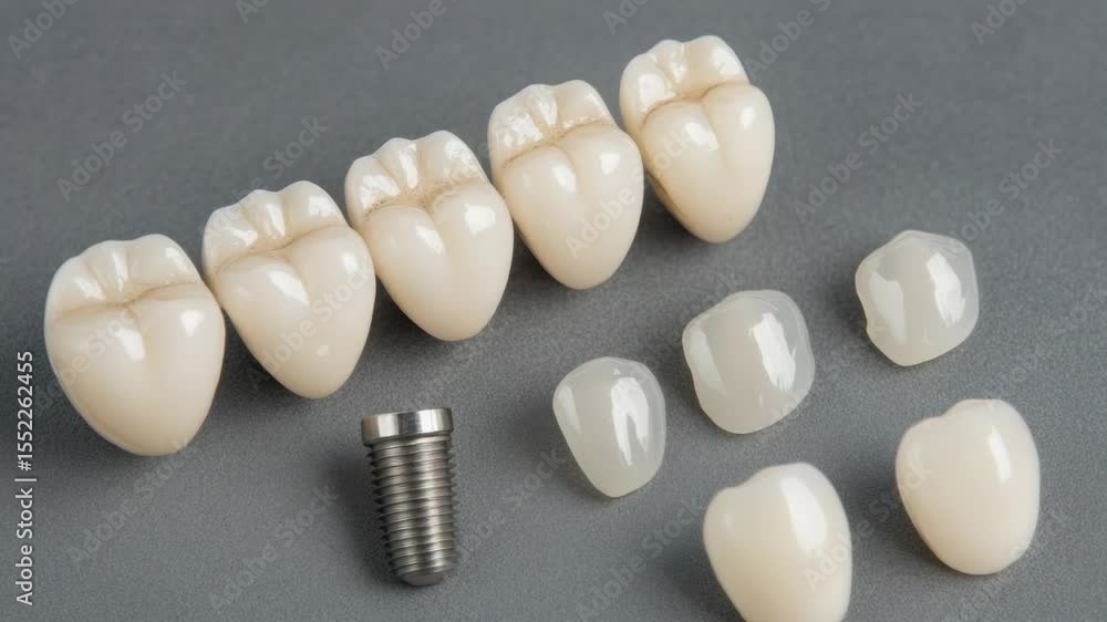 Poster A dental tool setup with a set of teeth and a screw on a table