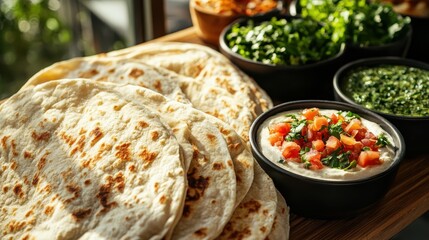 Warm, homemade flatbreads accompanied by vibrant toppings create a welcoming spread that invites sharing, symbolizing the joy found in communal eating and cultural cuisine.