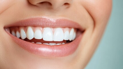 Obraz premium A close-up image showcasing a woman's bright, white teeth, complemented by her soft, natural lips and a warm, inviting smile, highlighting dental health and beauty.