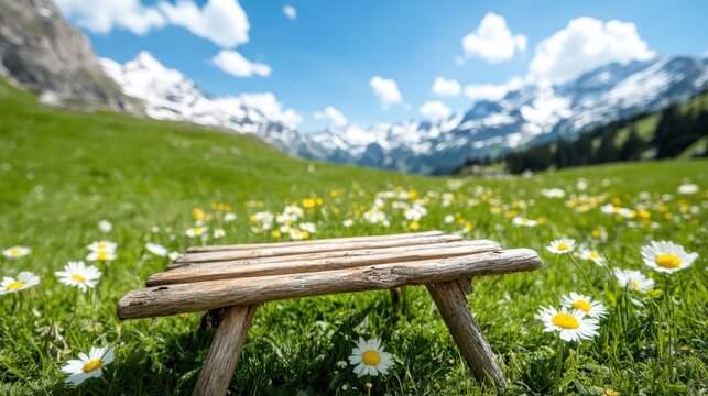 A rustic wooden bench set against a breathtaking mountain backdrop, surrounded by cheerful daisies that invite moments of relaxation amidst the beauty of nature and solitude.