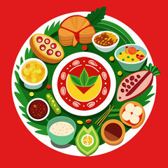 Colorful flat illustration of a traditional meal arrangement with various dishes