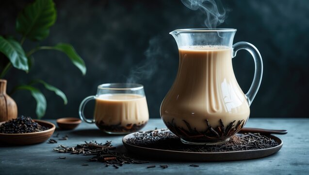 Thai Milk Tea in jug on the table with empty copy space for text - Powered by Adobe