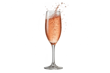 Elegant glass of rose champagne with splash isolated on transparent background