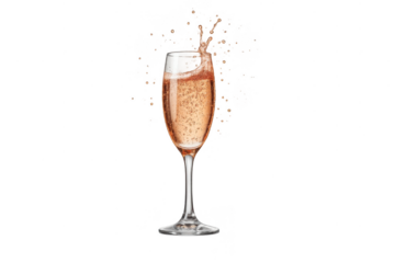 Elegant glass of sparkling rose wine with a splash isolated on transparent.