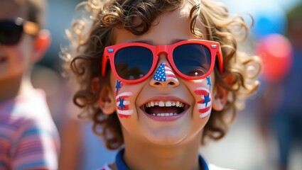 A young boy with curly hair wearing sunglasses and american flag face paint smiles brightly at the camera