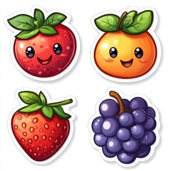 Fototapeta premium This lively collection features four adorable cartoon fruit stickers showcasing a smiling strawberry cheerful orange playful tomato and cute grape. Perfect for adding fun to any surface