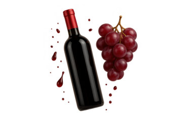 Bottle of red wine and grapes isolated on transparent backdrop, elegant presentation