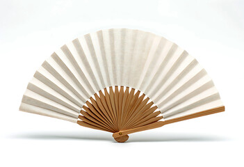 A folded white and beige paper fan with wooden frame on a white background