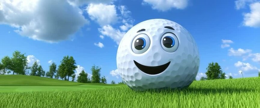 A smiling golf ball is on a grassy field. The sun is setting in the background. The ball is smiling and looking at the camera