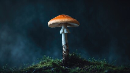 A vertical shot of a mushroom against a dark background