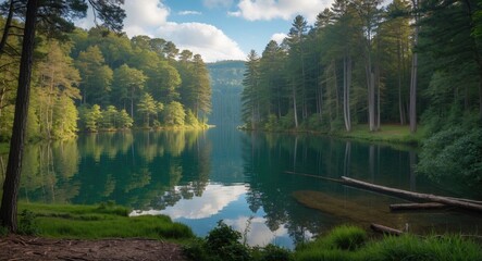 View Of The Woods Around The Lake with lush forest surrounding a calm lake reflecting the sky. Natural scenery and tranquil environment. Forest and water landscape.
