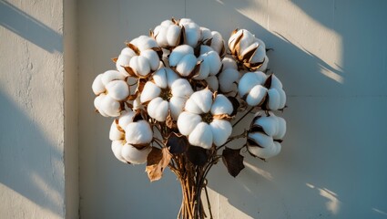 A bouquet of cotton in bright sunlight against the wall.