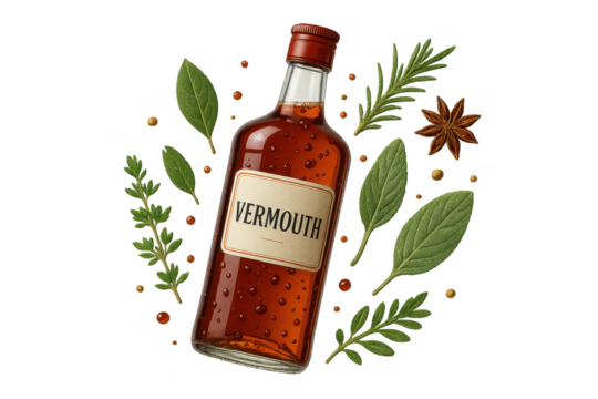 Vermouth bottle isolated on transparent backdrop with aromatic herbs, classy