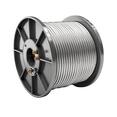 Steel cable reel with gray metal casing and coiled wire  