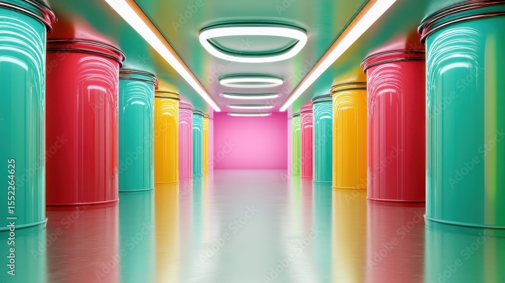 Poster an eye-catching display of vibrant abstract art featuring colorful columns and a bright background, 